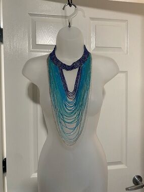NWT Chico’s Multi-Strand Blue Ombre Beaded Waterfall Necklace quality beads used